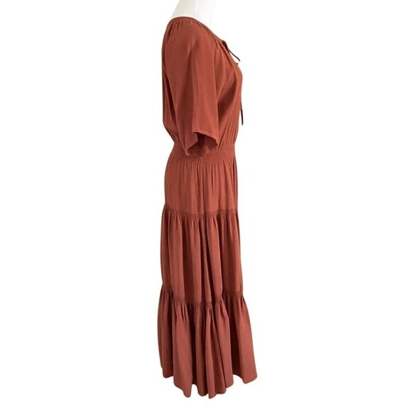 URBAN OUTFITTERS TERRA COTA BROWN TIERED SMOCKED PEASANT MAXI DRESS - S - Picture 2 of 10